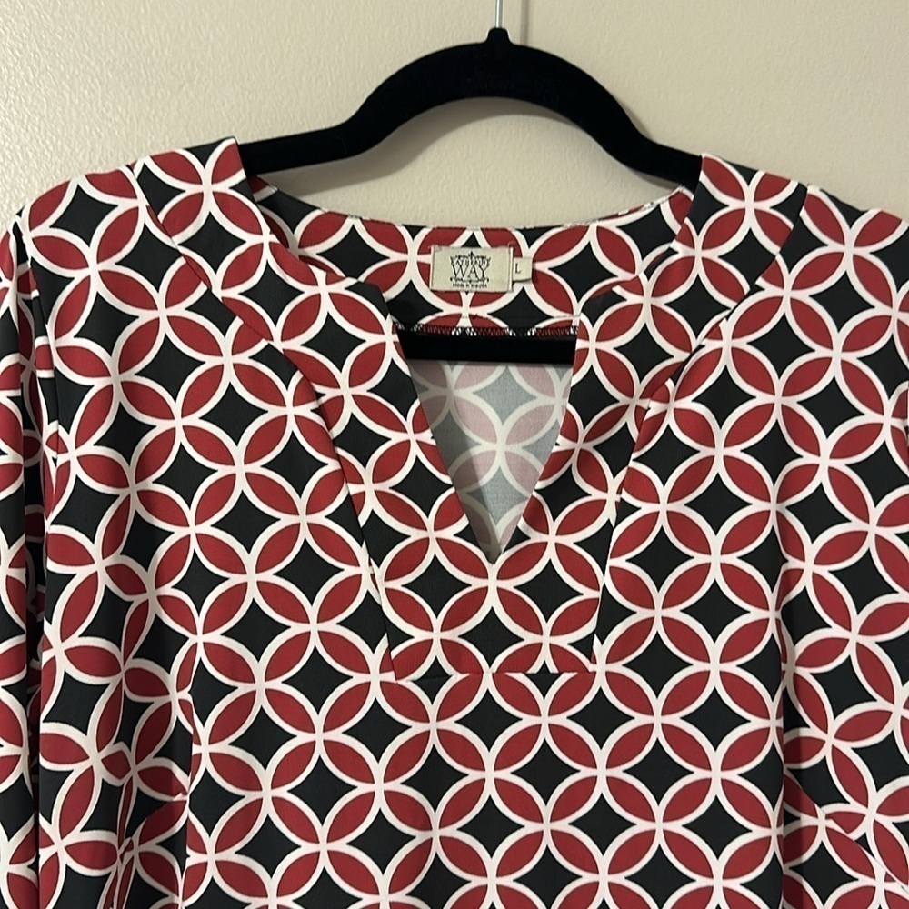 Katherine Way V-Neck Printed Dress Large Maroon & Navy Preppy Resortwear Travel - Picture 4 of 9
